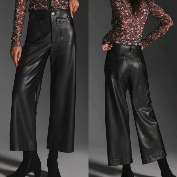 Anthropologie New Maeve Colette Black Wide Leg Faux Leather Pants SZ 33 PETITE - Picture 1 of 9